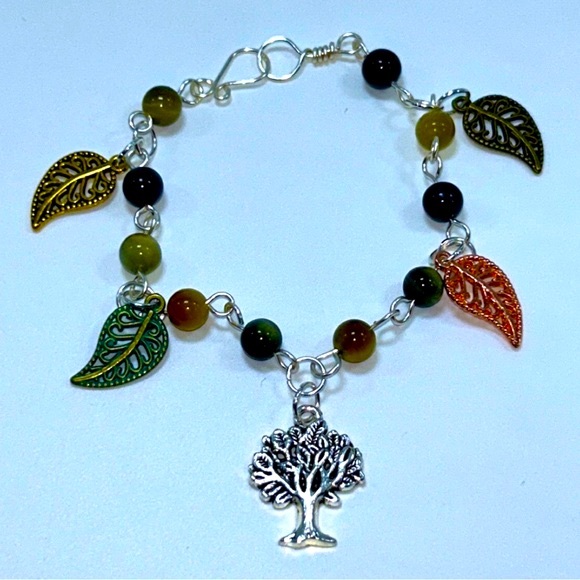 Handmade Tree & Leaf Charm Bracelet with Natural Tiger Eye Stones! - Picture 3 of 8